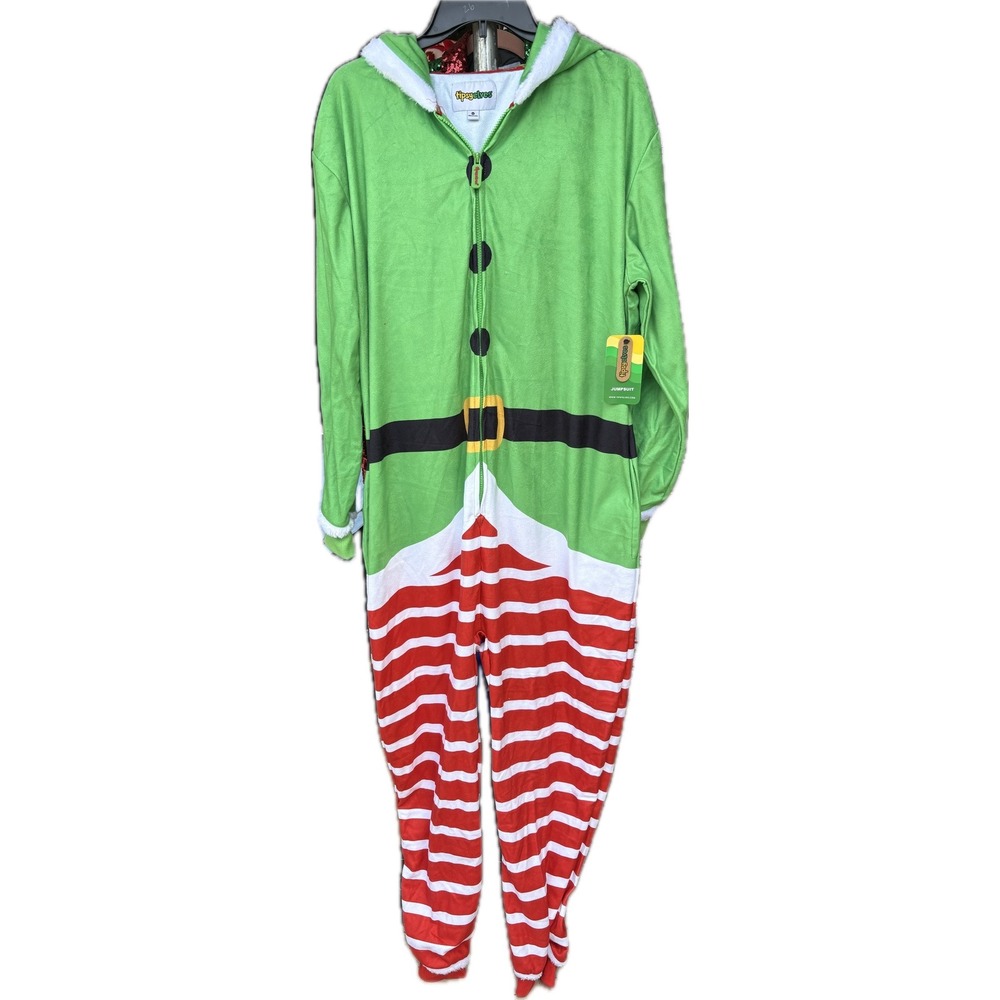 Tipsy Elves Mens Elf Jumpsuit Green Red White Christmas Onesie XL